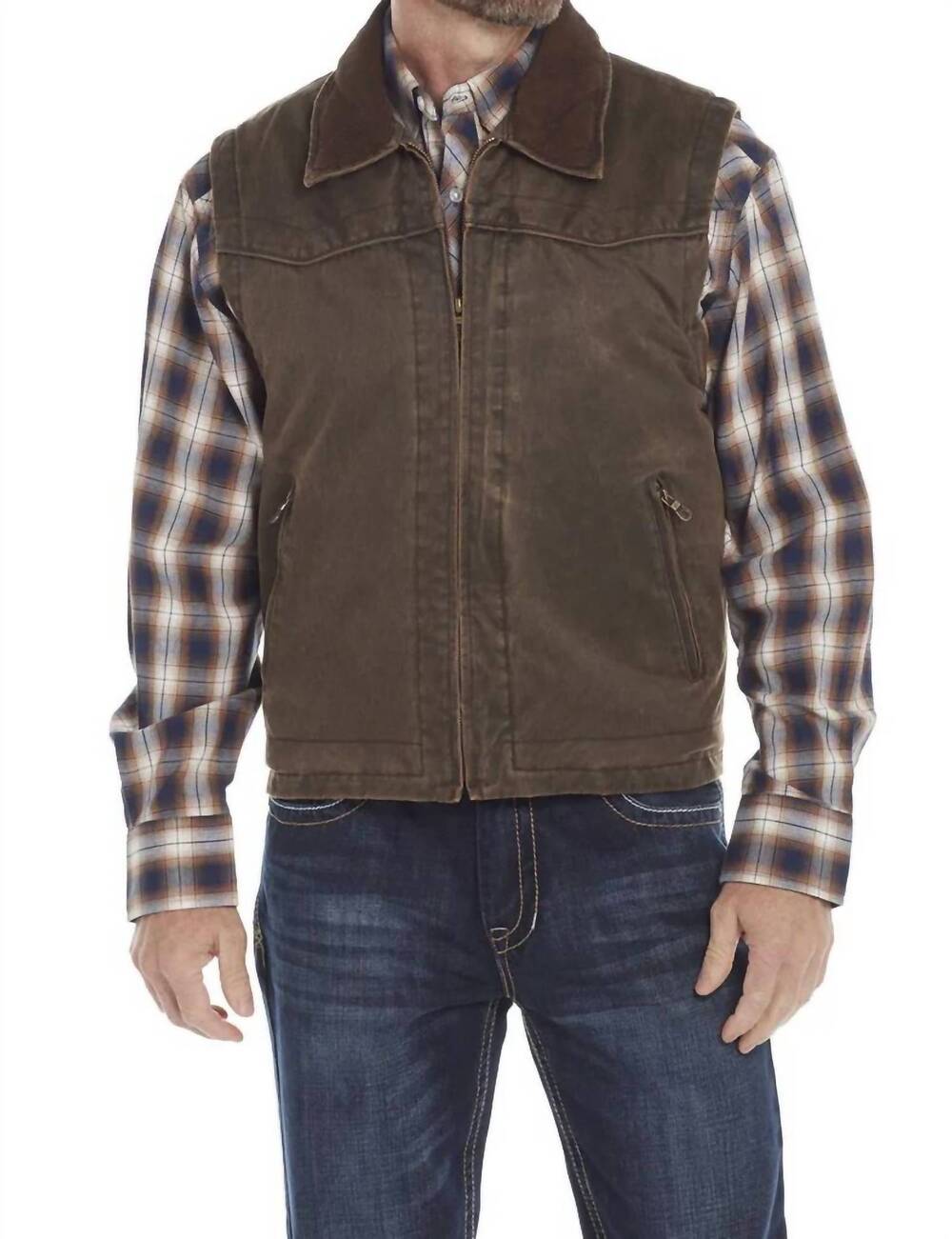 NEW CRIPPLE CREEK men's enzyme washed zip front open-bottom vest in chocolate